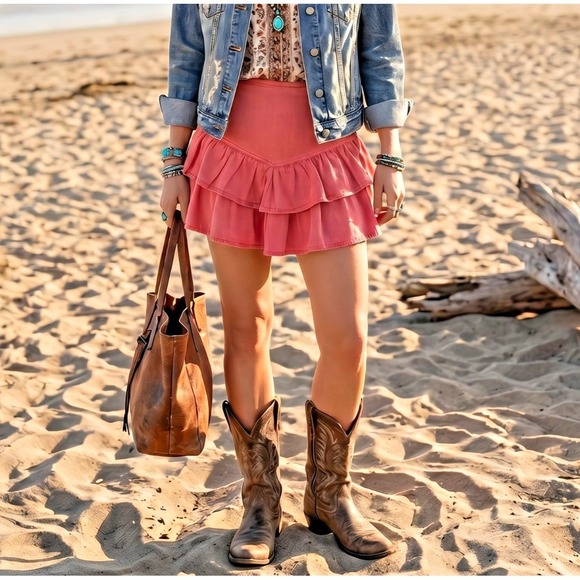 MOTHER Dresses & Skirts - Mother The Ruffle Mini Skirt Size 27 (4) Hot Coral Denim Boho Coastal Cowgirl